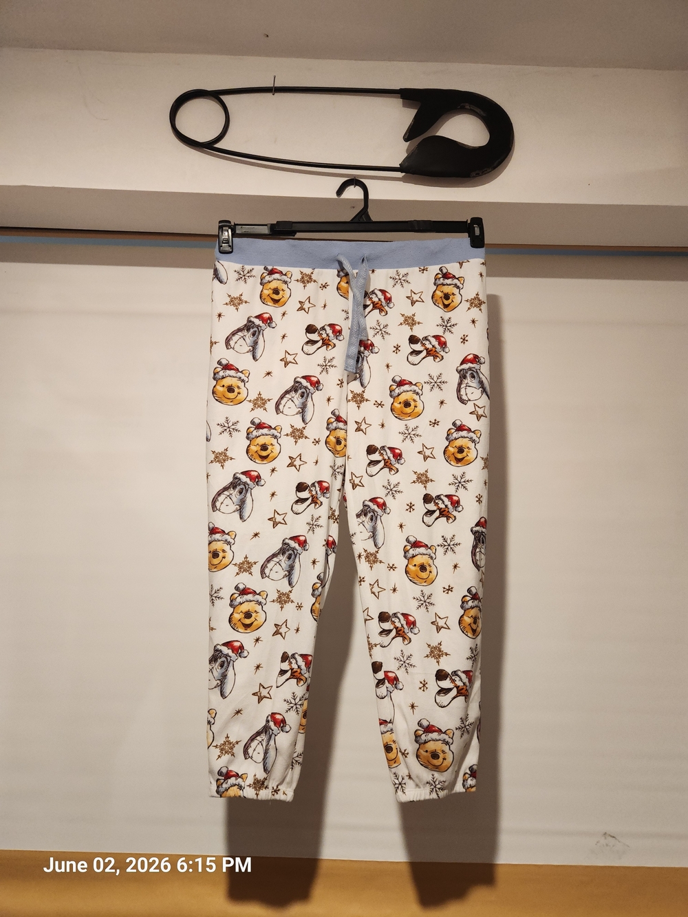 Disney White Holiday Winnie The Pooh Pajama Pants with Light Blue Waistband